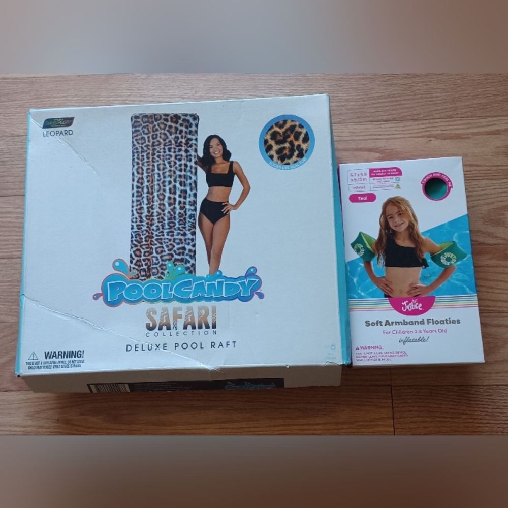 Pool candy safari deluxe raft and Justice soft armband floaties